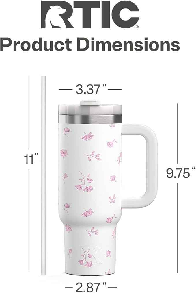 RTIC 30 oz Road Trip Tumbler Double-Walled Ceramic Lined InsulatedStainless Steel Portable Travel Coffee Mug Cup with Lid, Handle and Straw, Pink Magnolias