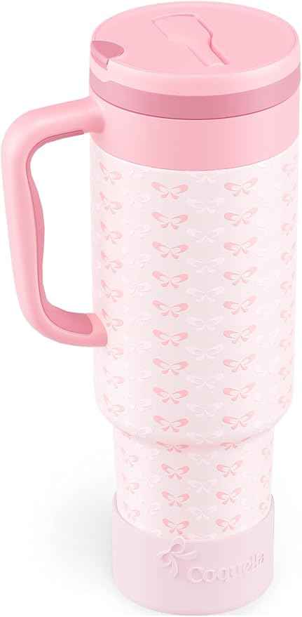 40 oz Insulated Tumbler with Handle and Push-Button Straw Lid, Stainless Steel Travel Cup for Gym Office, Leakproof, BPA-Free, Cup Holder Friendly, Bow Silicone Boot, Pink (Coquette Blush)