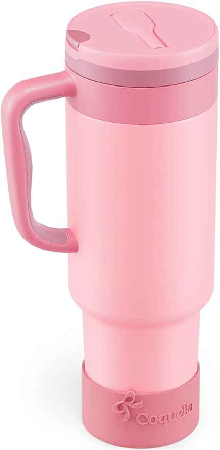 40 oz Insulated Tumbler with Handle and Push-Button Straw Lid, Stainless Steel Travel Cup for Gym Office, Leakproof, BPA-Free, Cup Holder Friendly, Bow Silicone Boot, Pink (Rose Quartz)