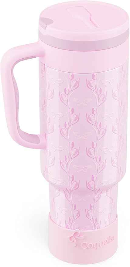 40 oz Insulated Tumbler with Handle and Push-Button Straw Lid, Stainless Steel Travel Cup for Gym Office, Leakproof, BPA-Free, Cup Holder Friendly, Bow Silicone Boot, Purple (Tulip Lilac)