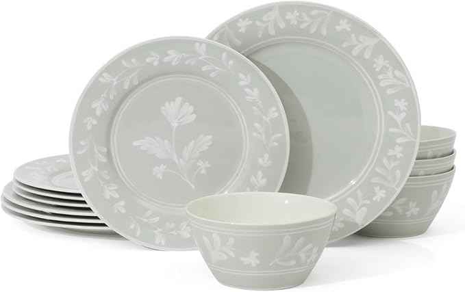 Martha Stewart Dinnerware Set - Maiden Crown 12-Piece Dish Set, Sage Green – New Bone China Ceramic Plates & Bowls – Floral Design – Service for 4 – Microwave & Dishwasher Safe