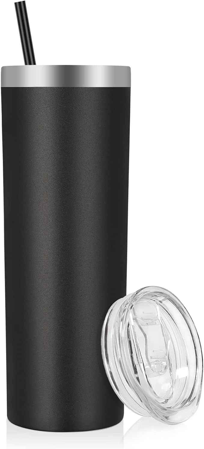 VEGOND Stainless Steel Skinny Tumbler, 20 oz Vacuum Insulated Tumbler with Lid and Straw, Double Wall Coffee Cup, Travel Mug for Cold Hot Drinks, Black 1 Pack