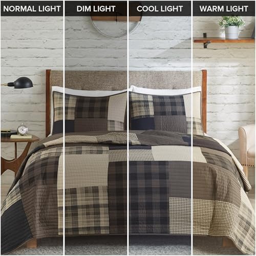 Woolrich Winter Hills Reversible Quilt Set - Cottage Styling Reversed to Solid Color, All Season Lightweight Coverlet, Cozy Bedding Layer, Matching Shams, Oversized King/Cal King, Plaid Tan 3 Piece