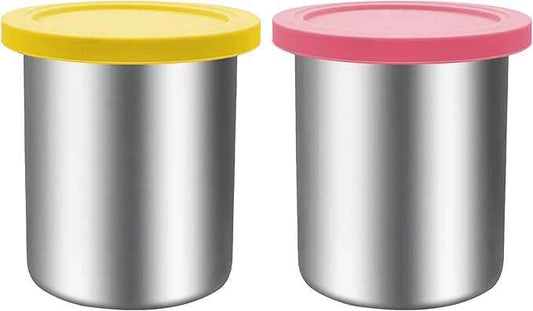 Stainless Steel Pint Containers & Lids Compatible with Ninja Creami ice Cream Maker NC500, NC501, CN501CO Delux Series– 2 Pack, 24 oz, Silicone Lids, BPA-Free, Dishwasher Safe