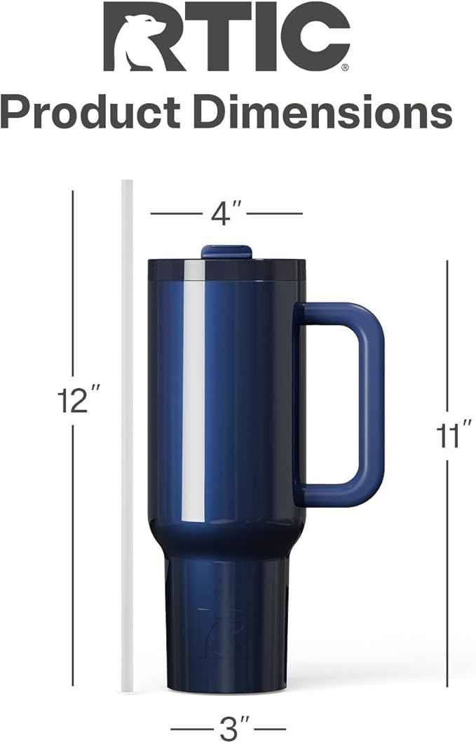 RTIC 40 oz Road Trip Tumbler Double-Walled Insulated Stainless Steel Portable Travel Coffee Mug Cup with Lid, Handle and Straw, Midnight Dust Metallic