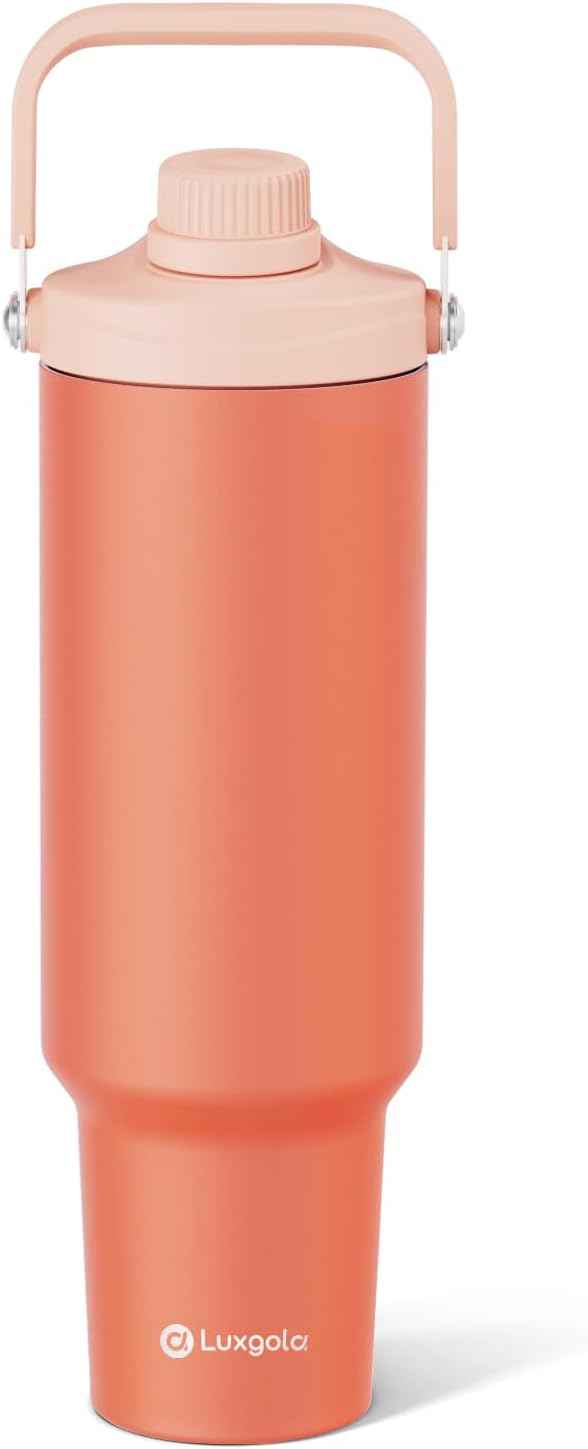 50 oz Insulated Tumbler, Double Wall Vacuum Stainless Steel Cup with Handle and Spout Lid, For Cold/Hot Drinks, Coffee Travel Mug for Car Holder/Home/Office/Party/Camping (Coral Orange-1 Pack)