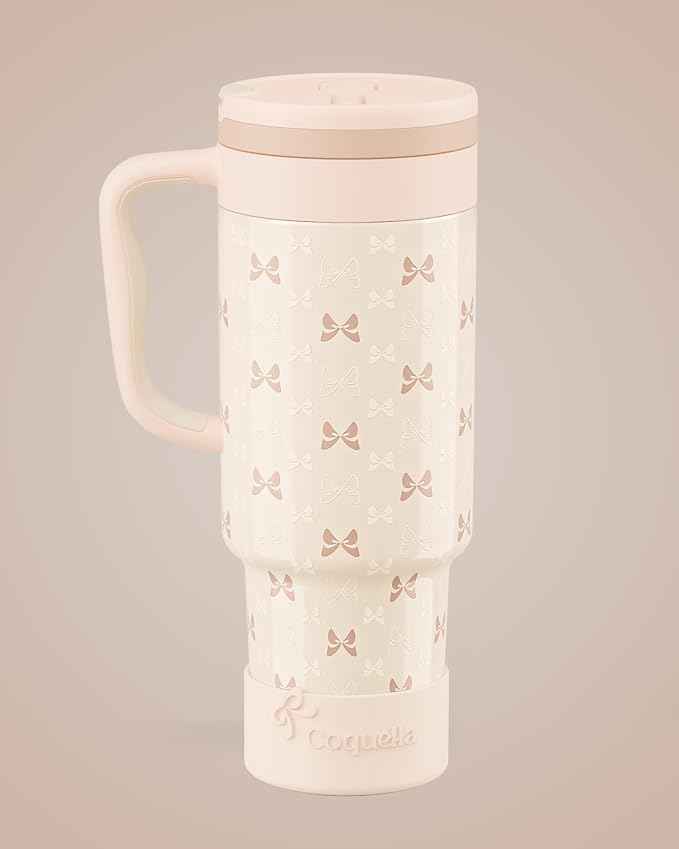 40 oz Insulated Tumbler with Handle and Push-Button Straw Lid, Stainless Steel Travel Cup for Gym Office, Leakproof, BPA-Free, Cup Holder Friendly, Bow Silicone Boot, Cream (Bow Cream)