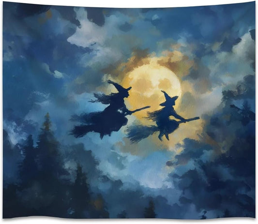 Spooky Halloween Witch Tapestry Wall Hanging Dark Fantasy Night Sky Aesthetic Print Flying Witches Under Full Moon Tapestries Horror Ghost Halloween Party Decor for Living Room Bedroom 30x40inch