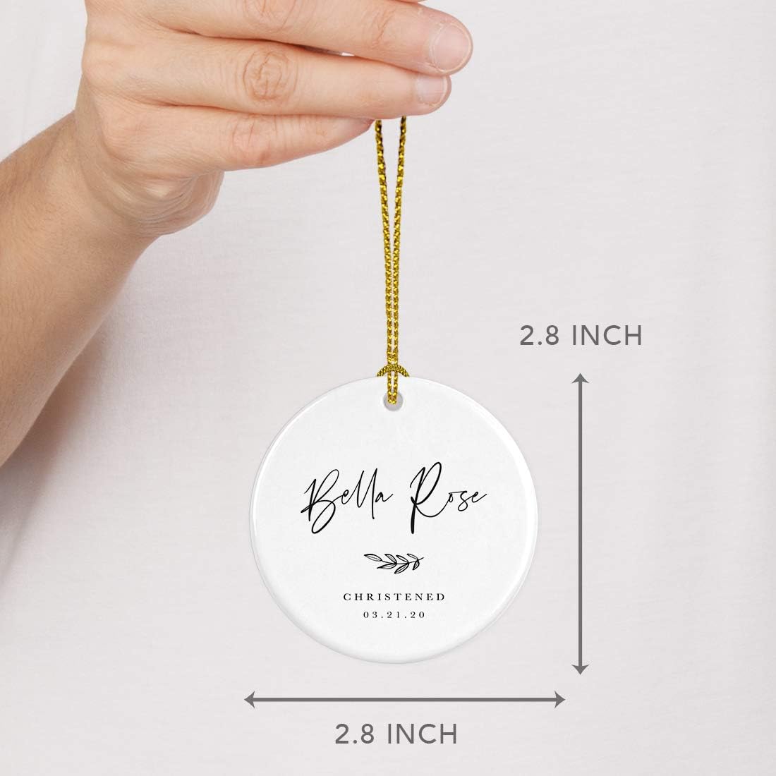 Andaz Press Personalized Round Ceramic Porcelain Christmas Tree Ornament Engagement Collectible Gift for Baby, Ava Marie Carter Christened 03.21.20, Antique Handdrawn, 1-Pack