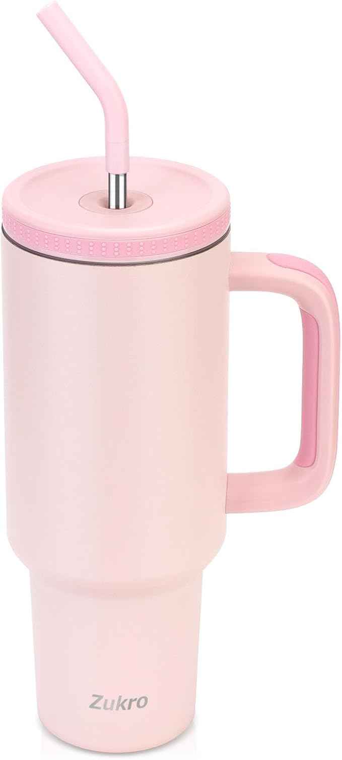 Zukro 40 oz Tumbler with Handle and Straw, Vacuum Insulated Stainless Steel Cup Fits in Cupholder for Travel, Home, Office - No Sweat & Keep Drinks Cold 24 Hours - BPA Free, Pink