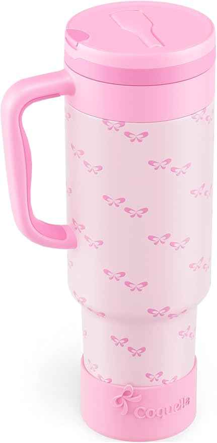 40 oz Insulated Tumbler with Handle and Push-Button Straw Lid, Stainless Steel Travel Cup for Gym Office Leakproof, BPA-Free, Cup Holder Friendly, Bow Silicone Boot, Pink (Coquette Bubblegum)