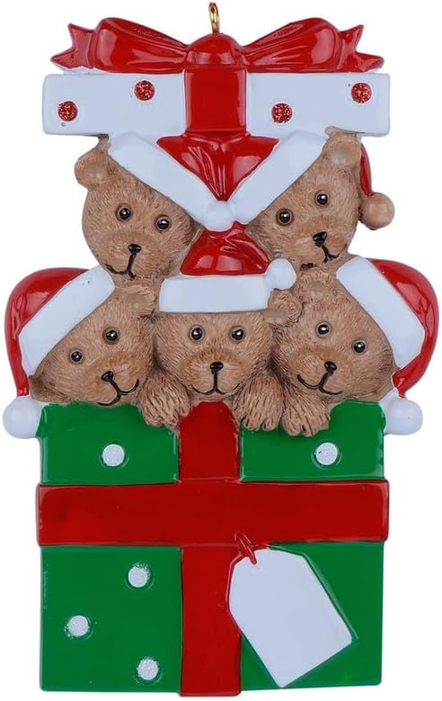 Personalized Bear Family Christmas Ornament 2024, Family of 5 Bear with Gift Box Ornaments for Christmas Tree, Personalized Bear Christmas Ornament, Unique Handmade Teddy Bear Christmas Ornament