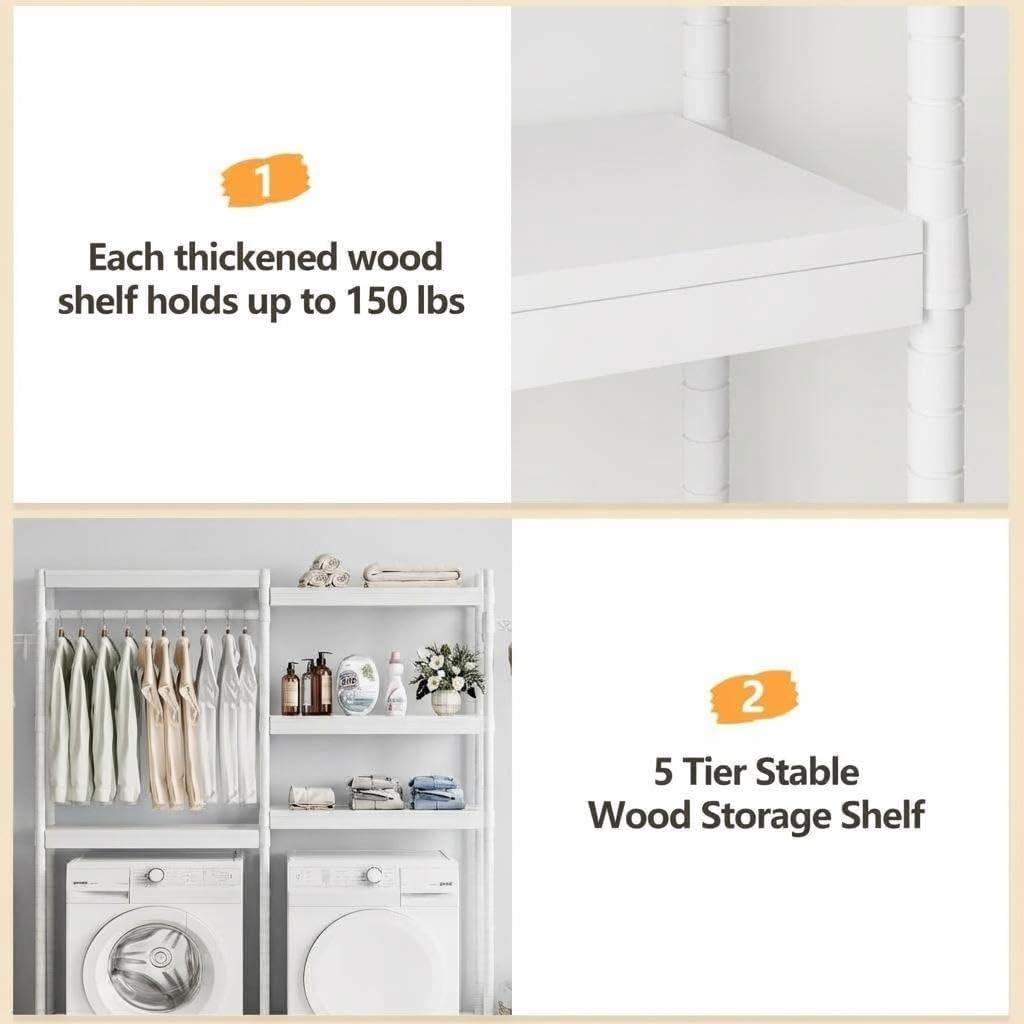 30" Over-the-Washer Shelf, 5-Tier Dryer Storage Shelf with Adjustable Height, Laundry Organizer with Double-Layer 100lb Shelves, Bathroom Shelf, Space-Saving Storage for Bathroom, Laundry Room, White