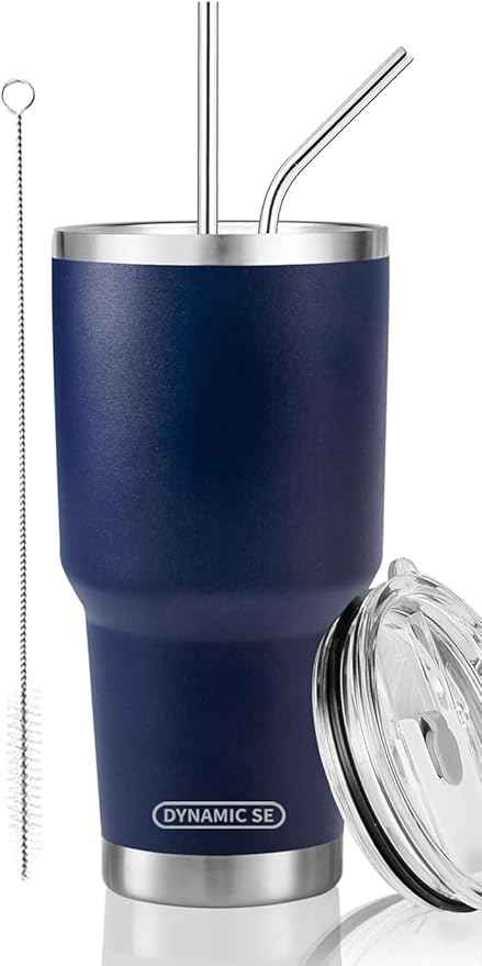 D·S 30 oz Navy Tumbler Stainless Steel Double Wall Vacuum Insulated Mug with Straw and Lid, Cleaning Brush for Cold and Hot Beverages