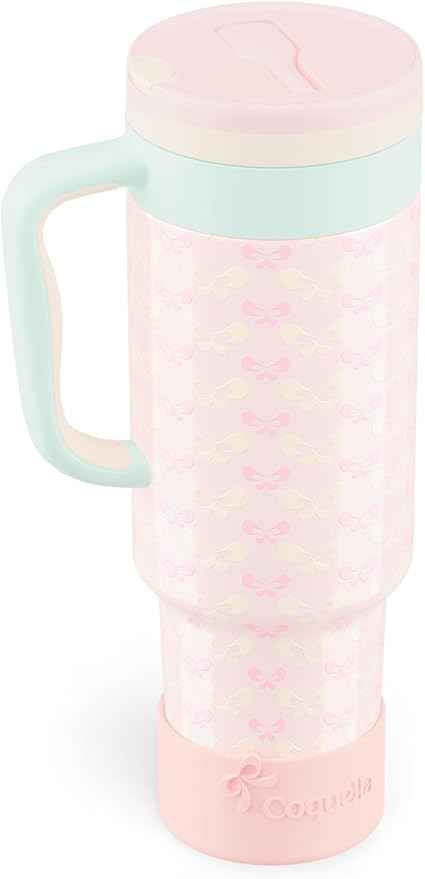 40 oz Insulated Tumbler with Handle and Push-Button Straw Lid, Stainless Steel Travel Cup for Gym Office, Leakproof, BPA-Free, Cup Holder Friendly, Bow Silicone Boot, Pink (Coquette Bloom)