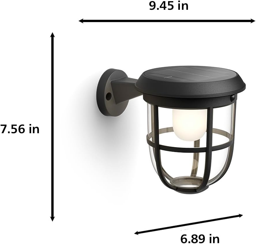 Philips Solar LED 1-Pack Ultra-Efficient Wall Lantern - Radii, Dusk to Dawn, Automatically Linkable, Daylight and Motion Sensor, 3000K Bright White Light, IP44, Black