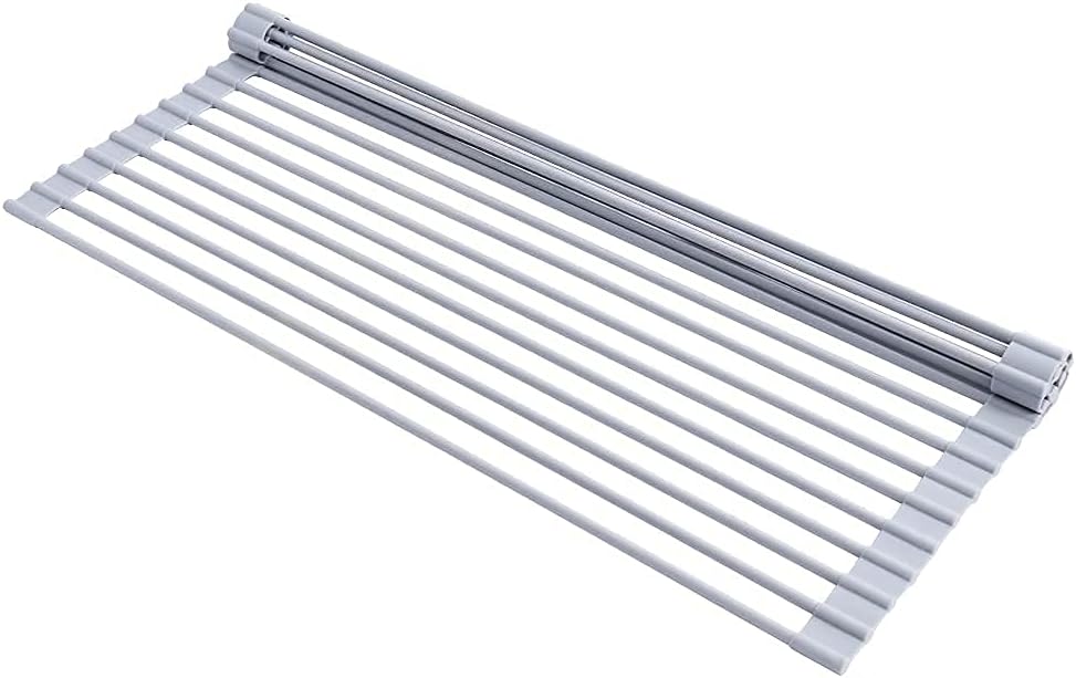 20.5 inches L x 13 inches W Roll-Up Dish Drying Rack Large Over The Sink , Heat-Resistant Anti-Slip Silicone Coated Stainless Steel Dish Drainer Multipurpose for Kitchen Counter, Gray