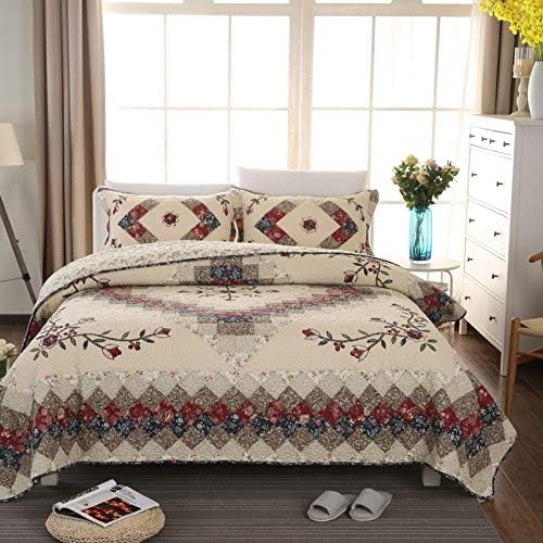 Floral Patchwork Quilt Set Queen Size Authentic Embroidered Stitching Bedspread Coverlet 100% Cotton Beige French Country Reversible Bed Cover Set Soft Breathable Cotton Comforter Cover,3pcs