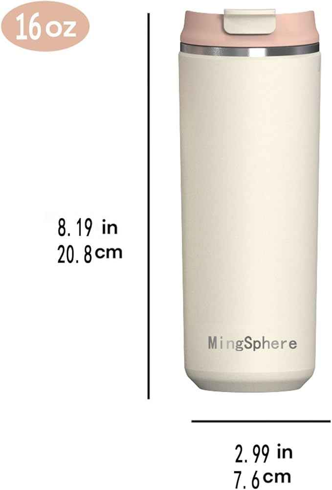 Travel Coffee Mug with Lid, 16 oz Insulated Tumbler, Leak Proof Stainless Steel Cup, for Hot Coffee, Iced Tea & Water, BPA Free, Car Cups Holder Friendly, Beige