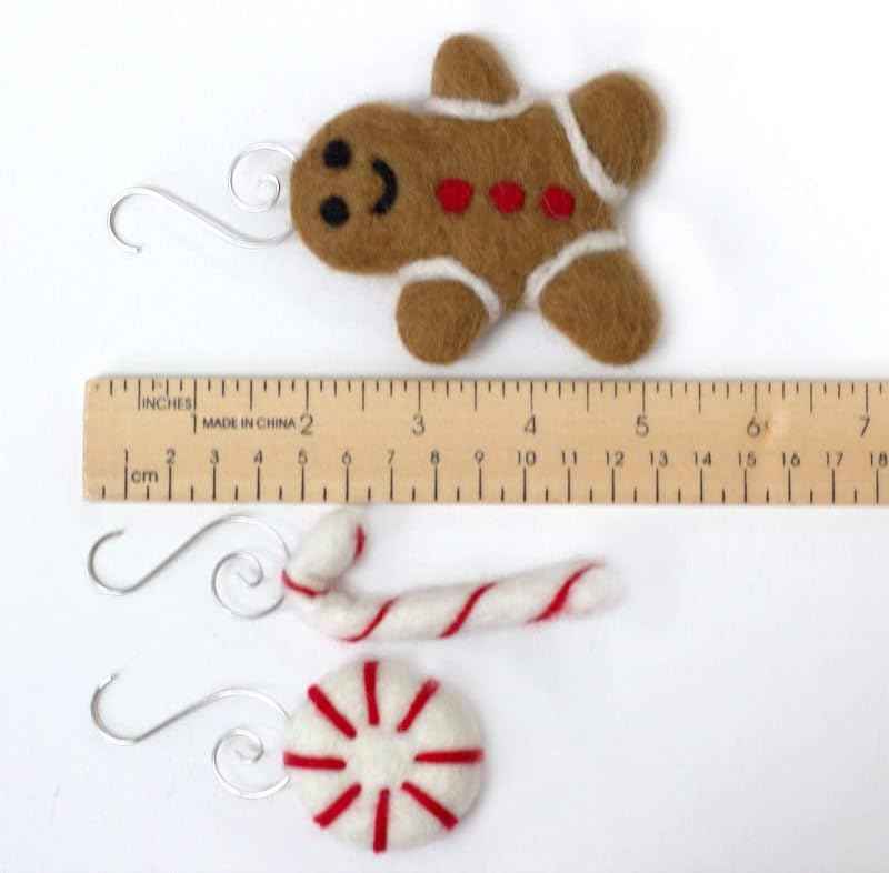 Felt Christmas Ornaments- Set of 3- Gingerbread Man, Peppermint, Candy Cane- with Hooks- Winter Holiday Decoration, Handmade Tree Decor Gift- 100% Wool
