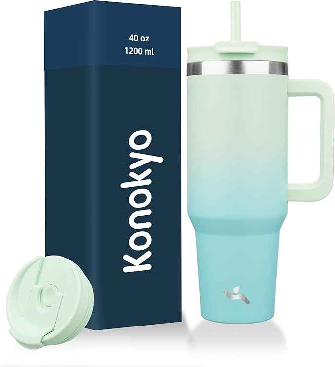 Konokyo 40 oz Tumbler with Handle and 2 Straws,2 in 1 Lid Insulated Water Bottle Stainless Steel Travel Coffee Mug,Mint