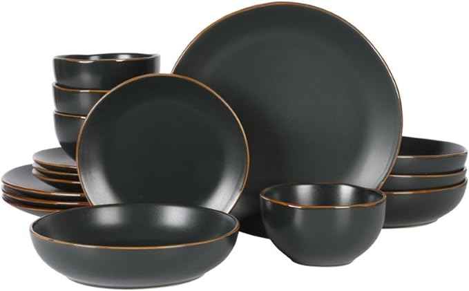 Gibson Home Hazeltine 16-Piece Black Stoneware Dinnerware Set – Plates and Bowls, Durable Ceramic Kitchen Dinner Set