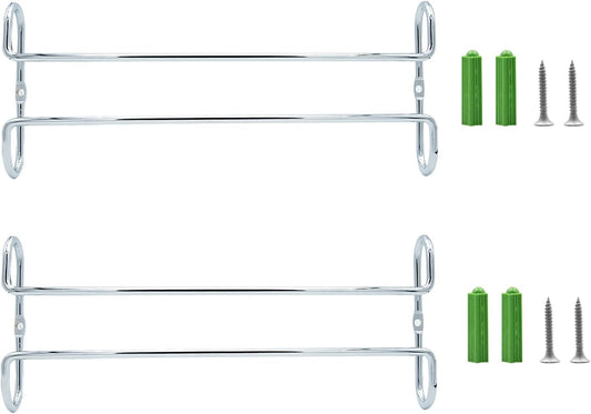 10 Inch Wine Glass Rack Under Cabinet Shelf Stemware Storage Hanging Hanger Organizer Glasses Holder with Drying Under Counter Metal for Kitchen and Bar Set of 2 Silver