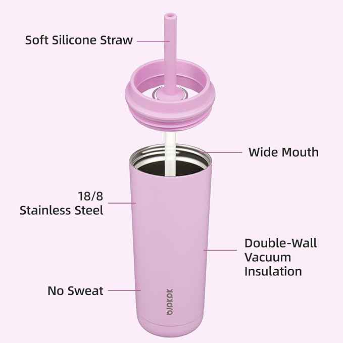 BJPKPK Insulated Tumbler with Lid and Straw,20 oz Stainless Steel Travel Coffee Mug,Spill Proof Thermal Cup,Keep Drinks Cold and Hot,Light Pink