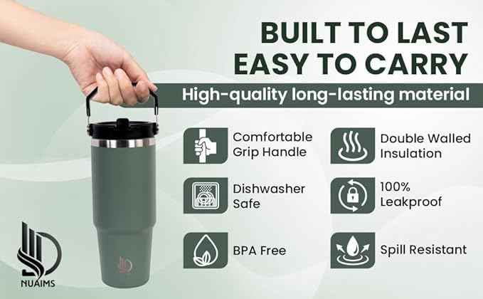 30oz Stainless Steel Insulated Water Tumbler with Handle | Secure Twist Lid & Flip Straw | Leak-Proof, BPA-Free IceFlow Inspired Design (Olive Green)