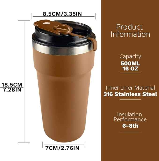 SPLMIFA Travel Coffee Mugs Leak-Proof, Reusable Coffee Cups with Lids, Stainless Steel Vacuum Insulated Coffee Tumblers, Thermal Insulation Cups for Men and Women Hot & Cold Drinks(4th-Brown, 16OZ)