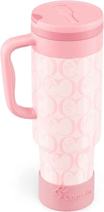 40 oz Insulated Tumbler with Handle and Push-Button Straw Lid, Stainless Steel Travel Cup for Gym Office, Leakproof, BPA-Free, Cup Holder Friendly, Bow Silicone Boot, Pink (C’ Blush)