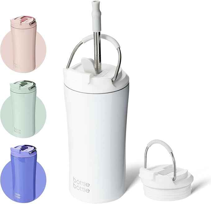 BOTTLE BOTTLE Coffee Tumbler with Dual-use Lid and Straw Double Walled Iced Travel Coffee Mug for Woman and Man 12 oz Stainless Steel Insulated Tumbler with Handle (white)