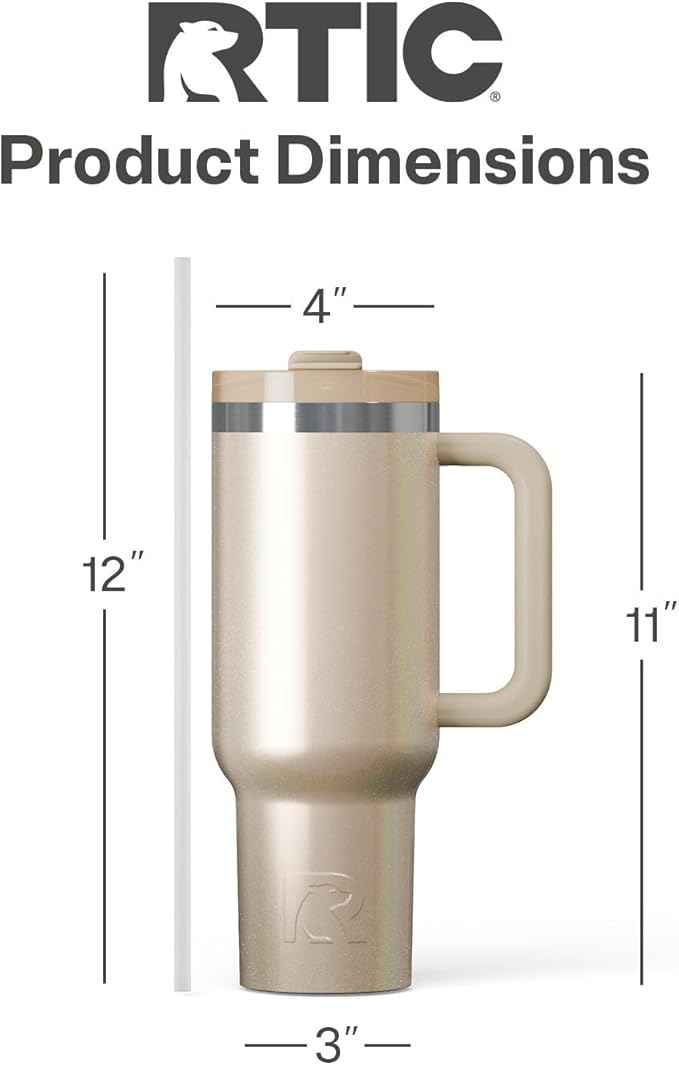 RTIC 40 oz Road Trip Tumbler Double-Walled Cermaic Lined Insulated Stainless Steel Portable Travel Coffee Mug Cup with Lid, Handle and Straw, Beach Glitter