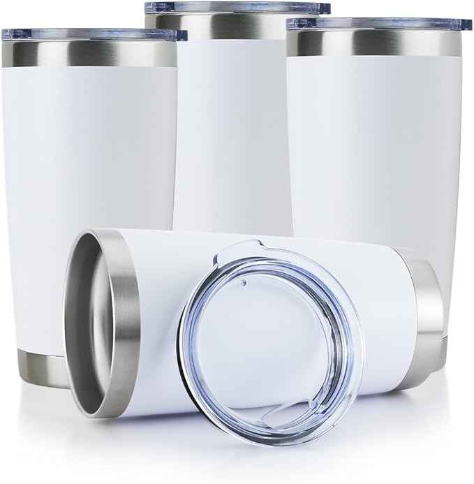 DOMICARE 20oz Stainless Steel Tumbler Bulk with Lid, Double Wall Vacuum Insulated Travel Mug, Powder Coated Coffee Cup, Powder White, 4 Pack