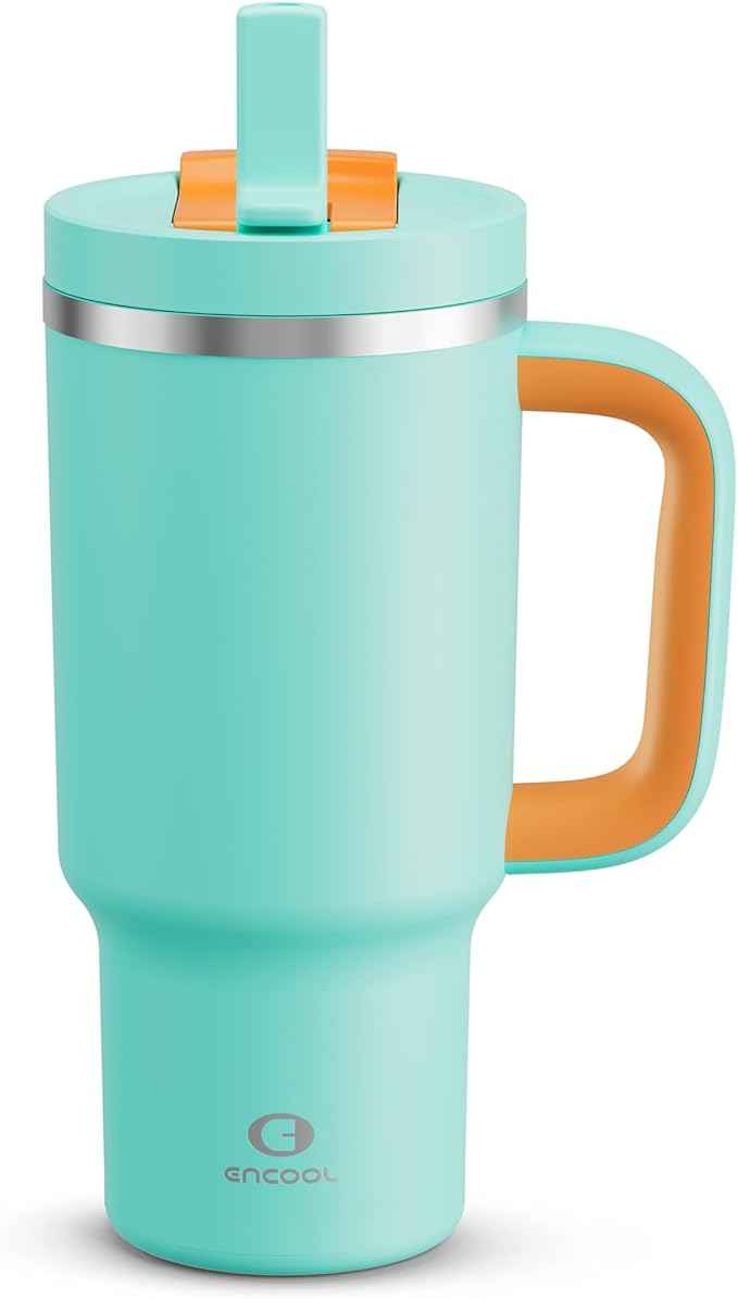 ENCOOL 32 oz Tumbler with Handle and Straw: Stainless Steel Insulated Tumbler Keeps Cold for 24 Hours, Leakproof Travel Cup Fits in Cup Holder and BPA-Free,Soft Cyan