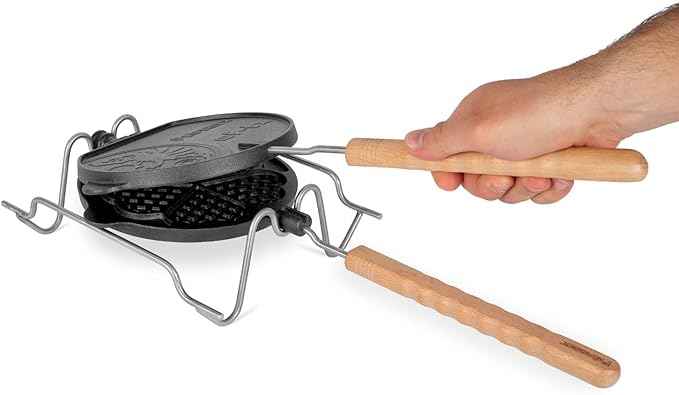 Petromax Rotating Waffle Iron with Turning Stop Frame, for Heart Shaped Waffles When Camping, Cast Iron with Wood Handles