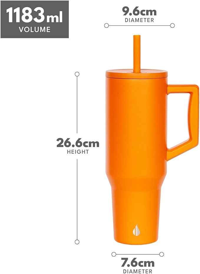 Elemental 40 oz Tumbler with Handle and Straw - Spill Proof Insulated Stainless Steel Commuter for Cold Beverages - Travel Coffee Mug with 2 Straws & Spill Proof Lid - 40oz - Orange