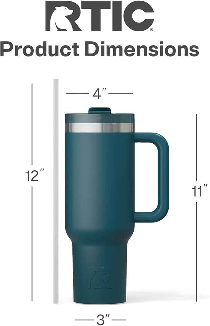 RTIC 40 oz Road Trip Tumbler Double-Walled Cermaic Lined Insulated Stainless Steel Portable Travel Coffee Mug Cup with Lid, Handle and Straw, Marine