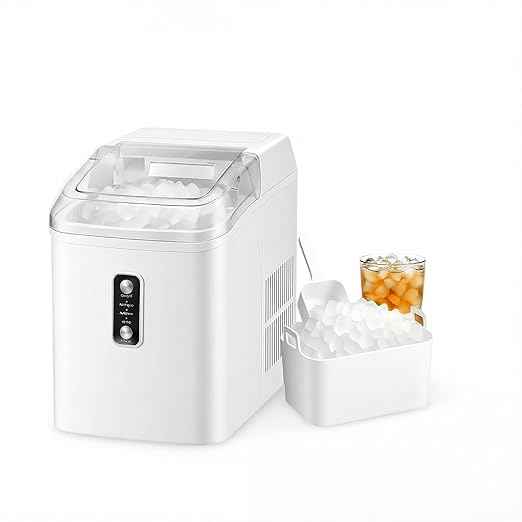 NEWBULIG Nugget Ice Makers Countertop, Portable Nugget Ice Machine, Ready in 6 Mins, 24lbs in 24Hrs, Auto-Cleaning, with Basket and Scoop, for Home, Kitchen, RV, Camping, White