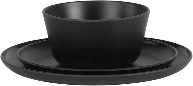 Gibson Home Fairhope 12-Piece Matte Black Melamine Dinnerware Set – Durable Lightweight Plates and Bowls, Kitchen Dining Set