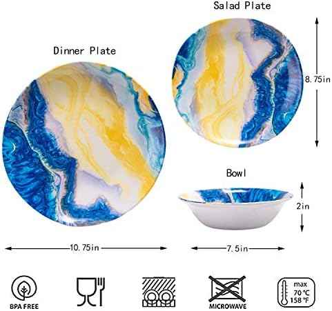 12 Pcs Melamine Dinnerware Set - Indoor and Outdoor Durable Plastic Dishes Dishware，Melamine Dinner Plates and Bowls Sets Service for 4，Lightweight Unbreakable（Landscape Painting）