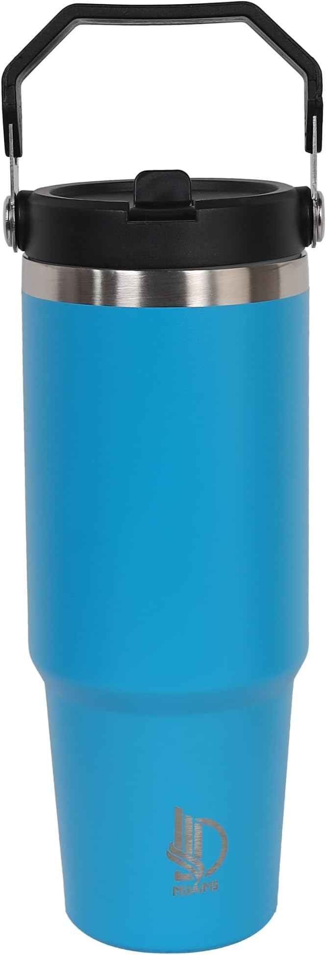 30oz Stainless Steel Insulated Water Tumbler with Handle | Secure Twist Lid & Flip Straw | Leak-Proof, BPA-Free IceFlow Inspired Design (Bright sky Blue)
