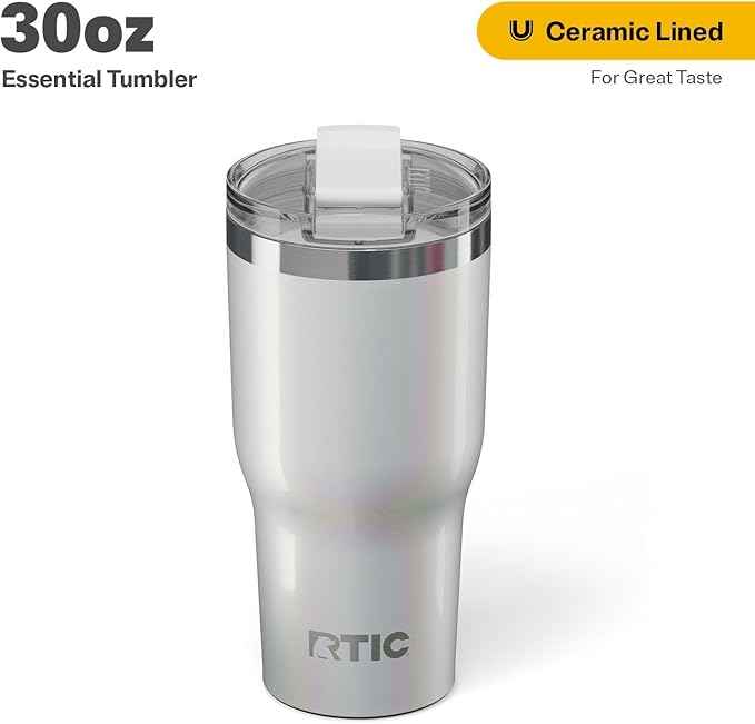 RTIC 30oz Essential Tumbler with Lid, Ceramic Lined, Insulated, Stainless Steel, Metal, Double Wall Vacuum-Insulation, Travel Cup for Iced Coffee, Tea, Hot and Cold Drink, Cool Grey Glitter