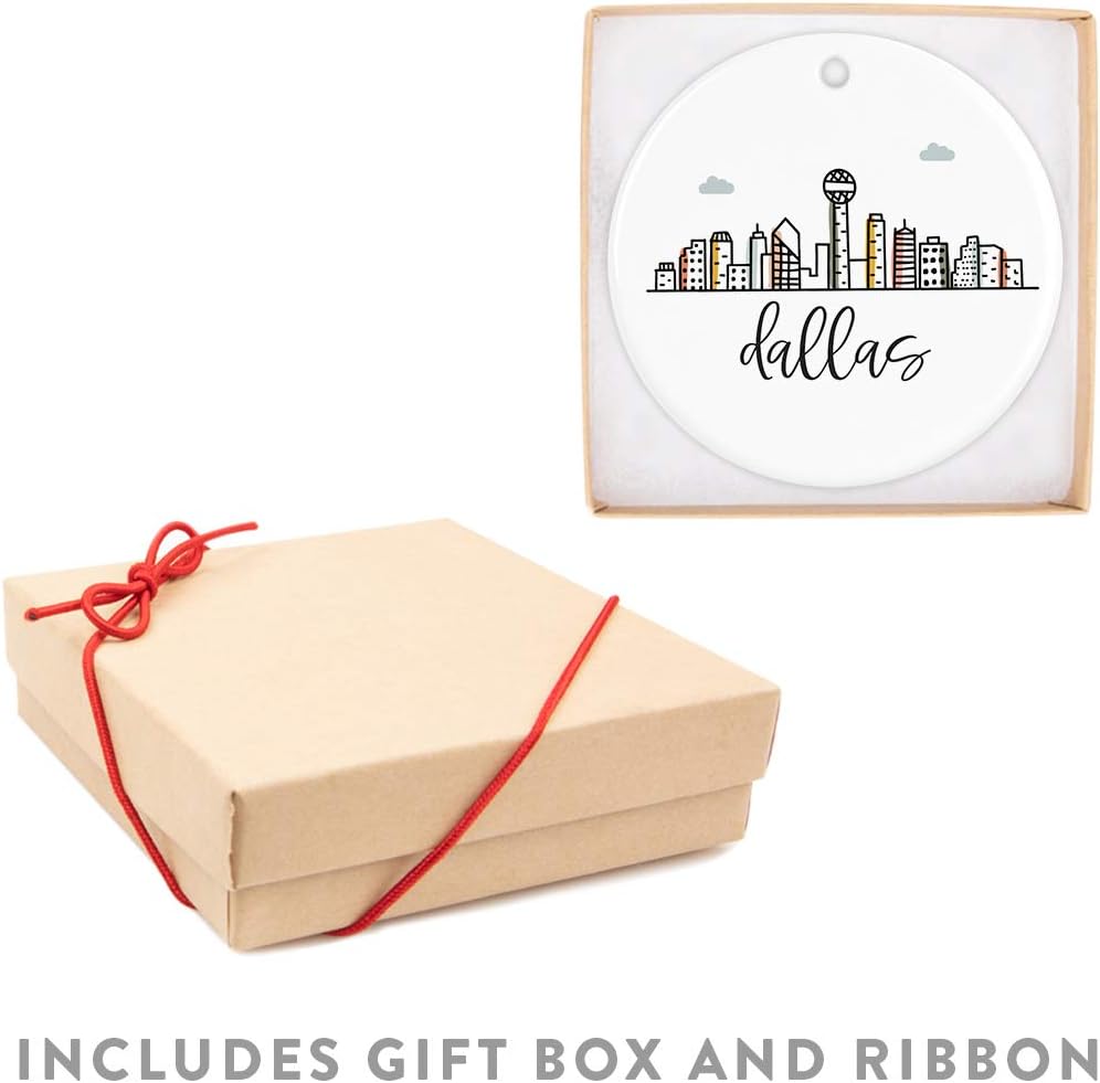 Andaz Press Round Ceramic Porcelain Christmas Tree Ornament Keepsake Gift, Colorful Dallas City Skyline, 1-Pack, Birthday Ideas Family Coworker Gift, Includes Box