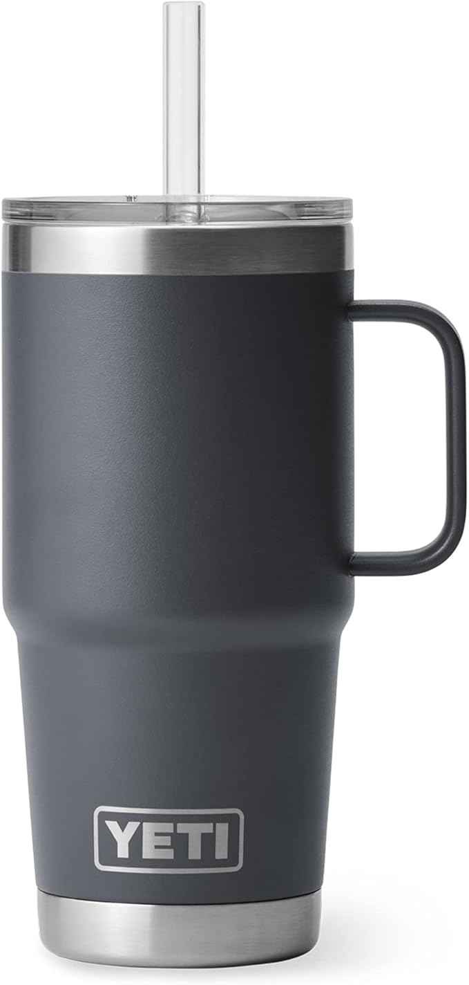 YETI Rambler 25 oz Tumbler with Handle and Straw Lid, Travel Mug Water Tumbler, Vacuum Insulated Cup with Handle, Stainless Steel, Charcoal