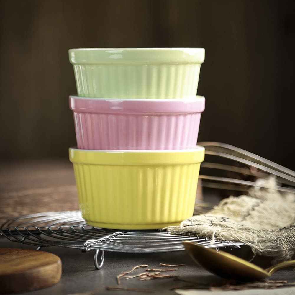 Ramekins 6oz Oven Safe,Creme Brulee Ramekin and Souffle Dishes,Porcelain Baking Bowls,Dipping Sauce Dish.Pudding Cups,Set of 6,Pink