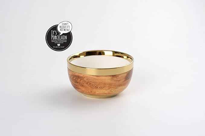 Pampa Bay Wood Look Titanium-Plated Porcelain Snack Bowl, 4.3 Inch, Gold/White/Wood look