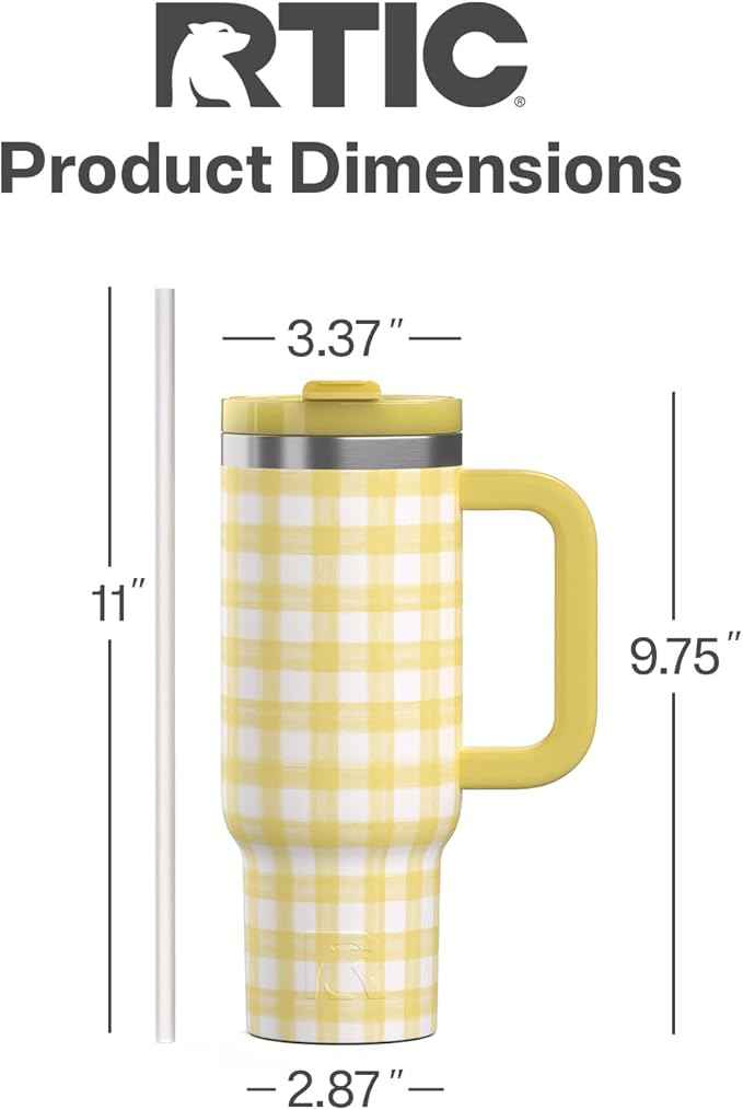 RTIC 30 oz Road Trip Tumbler Double-Walled Ceramic Lined InsulatedStainless Steel Portable Travel Coffee Mug Cup with Lid, Handle and Straw, Sunlight Gingham