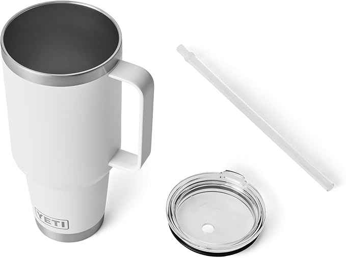 YETI Rambler 42 oz Tumbler with Handle and Straw Lid, Travel Mug Water Tumbler, Vacuum Insulated Cup with Handle, Stainless Steel, White