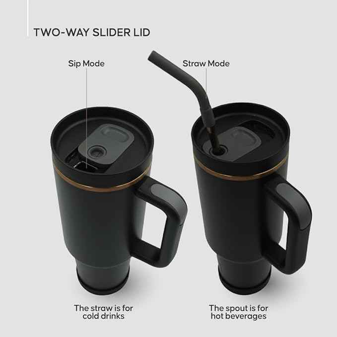 40oz Travel Tumbler Cup with Handle, Two-Way Slider Lid, Stainless Steel Straw with Silicone Tip, Vacuum Insulated Water Bottle for Hot & Cold Drinks, Great Gifts for Mom (Black Gold)